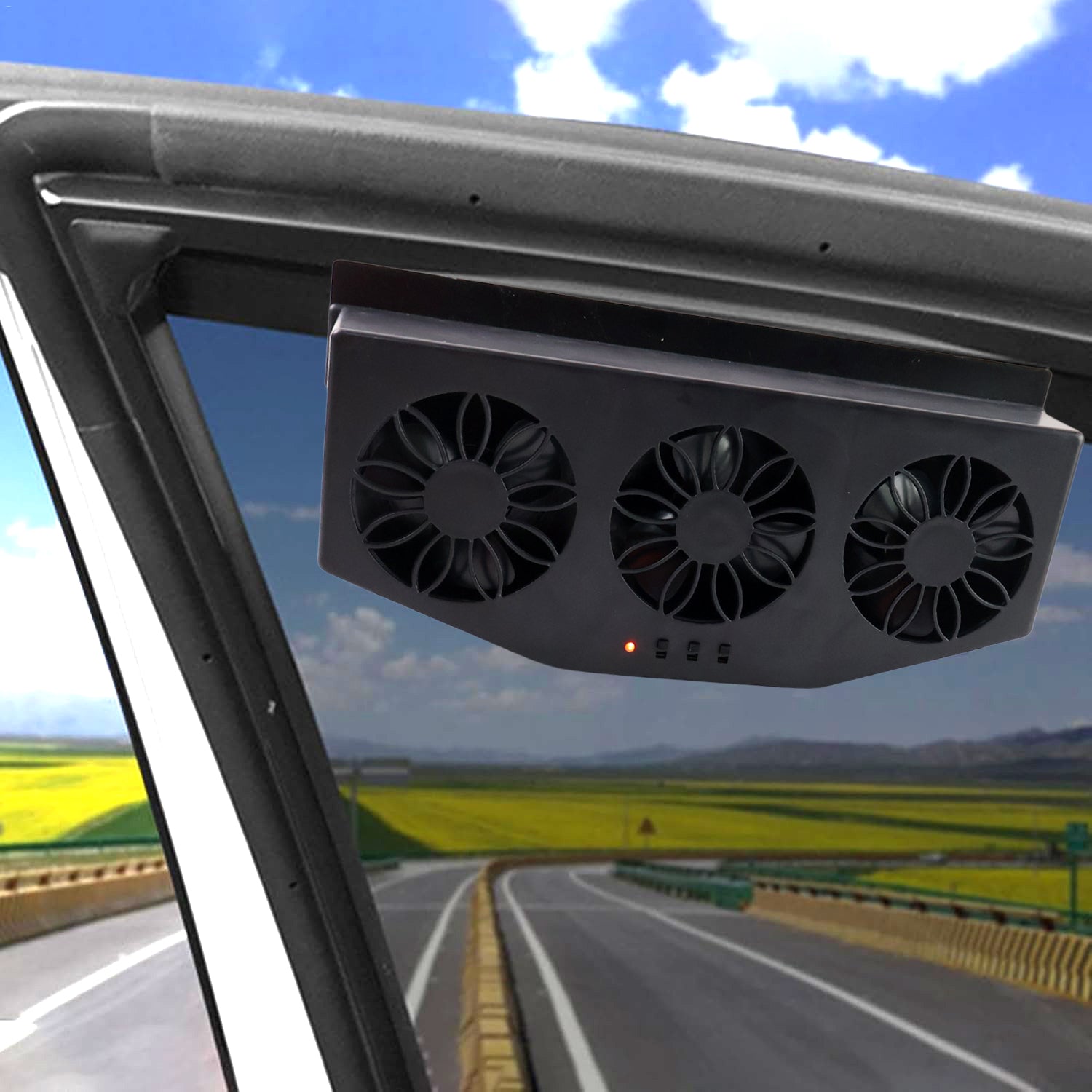 Triple Fan Solar Powered Car Exhaust Ventilation System with USB Charging Triple Fan Solar Powered Car Exhaust Ventilation System with USB Charging